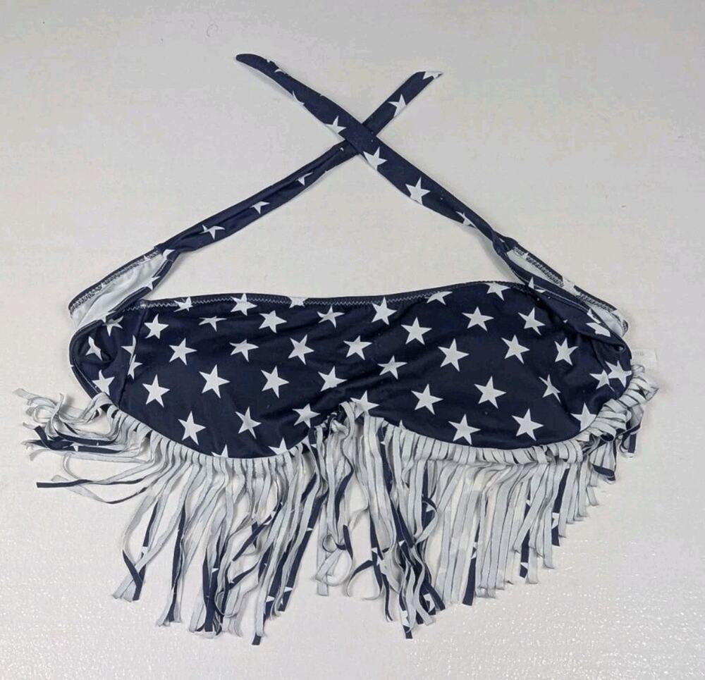 Women's Tie Bikini Top Dark Navy White Stars Fringe Size XL Padded